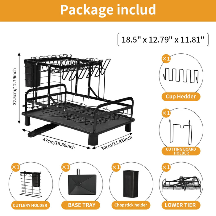 2-Tier Dish Drainer Rack with Utensil Holder – Space-Saving Metal Drying Rack
