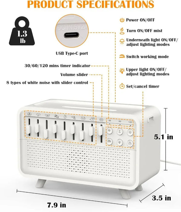 Bluetooth White Noise Machine with Aroma Diffuser, Humidifier & Night Light — 8 Sounds, 3‑Level Dimming