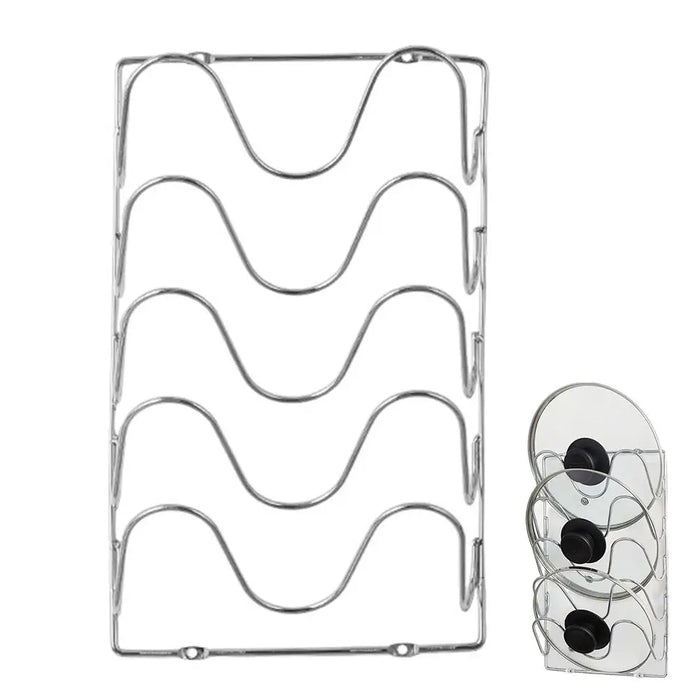 5-Tier Wall-Mounted Pot Lid Rack — Stainless Steel, Foldable, Space-Saving