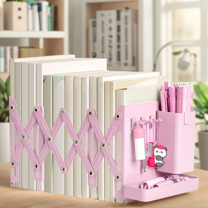 Retractable Metal Desktop Bookstand with Basket, Hooks & Removable Pen Holder