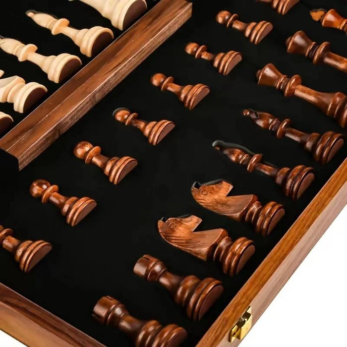 15" x 15" Folding Walnut Chess Set with Solid Wooden Pieces