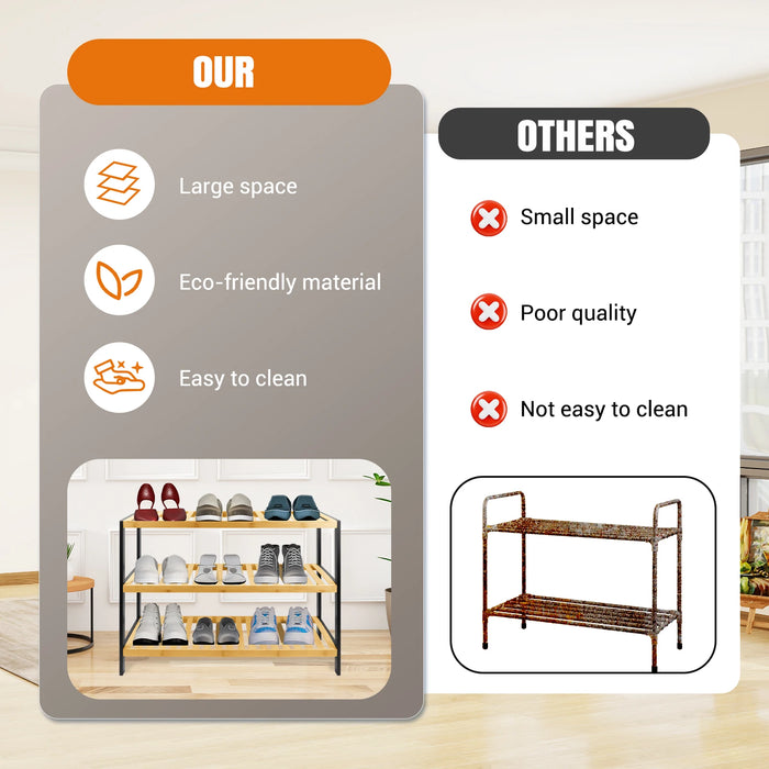3-Tier Natural Bamboo Shoe Rack — 70 x 25 x 55 cm Space-Saving Wooden Storage