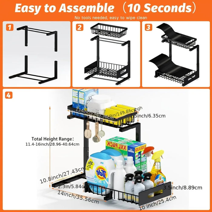 Under-sink Pull-out Metal Organiser — Sliding Storage Shelf for Kitchen (Black/White)