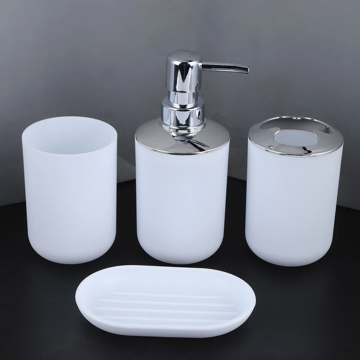 4‑Piece Plastic Bathroom Accessory Set — Soap Dispenser, Storage & Rinse Cups, Soap Dish