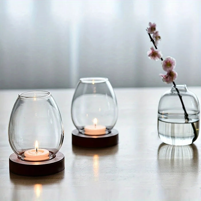 European Clear Glass Candle Holder with Wooden Base | Warm Ambient Lighting
