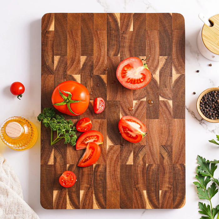 15-inch End Grain Acacia Rectangular Chopping Board with Side Handle (390×275×25mm)