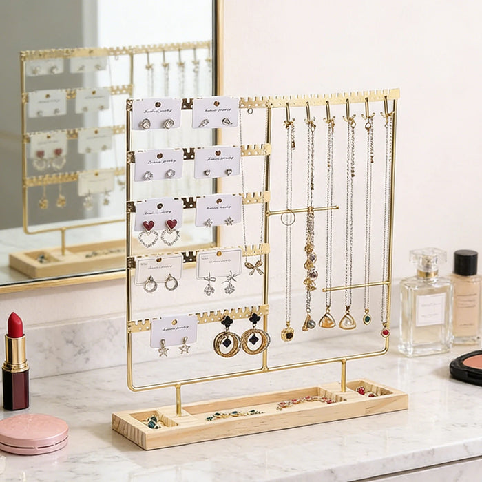Metal Jewellery Organiser Stand with Wooden Tray — Multi‑Functional Storage