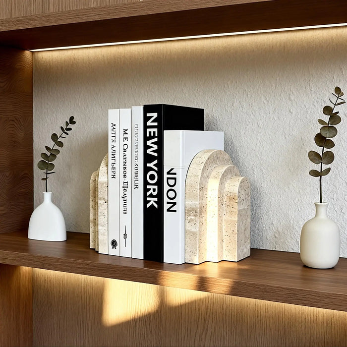 Travertine Marble Bookend — Natural Stone Desk & Bookshelf Accent (1 Piece)