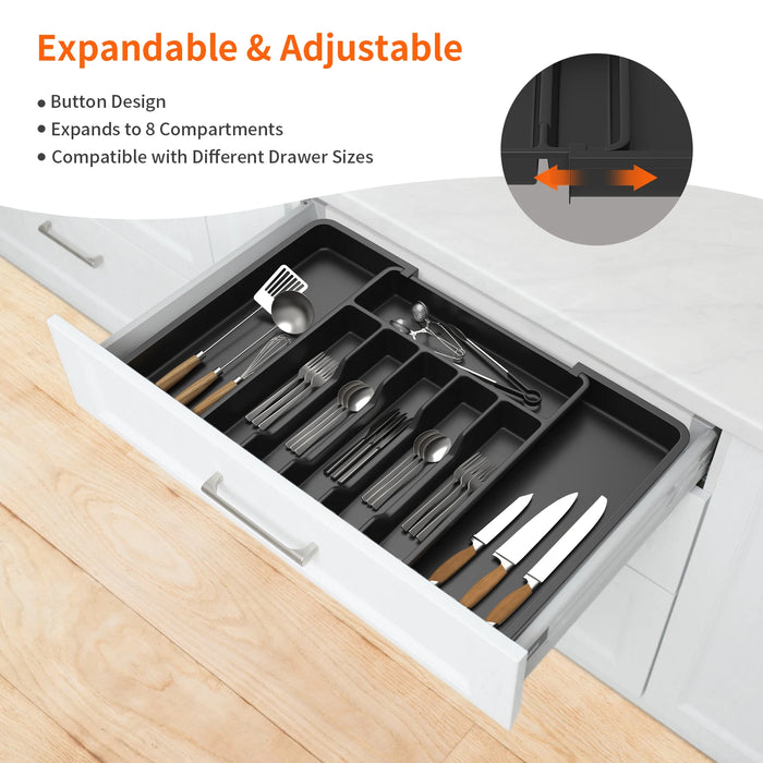 Expandable Cutlery Tray — Wooden or Black Plastic, 6–8 Compartments