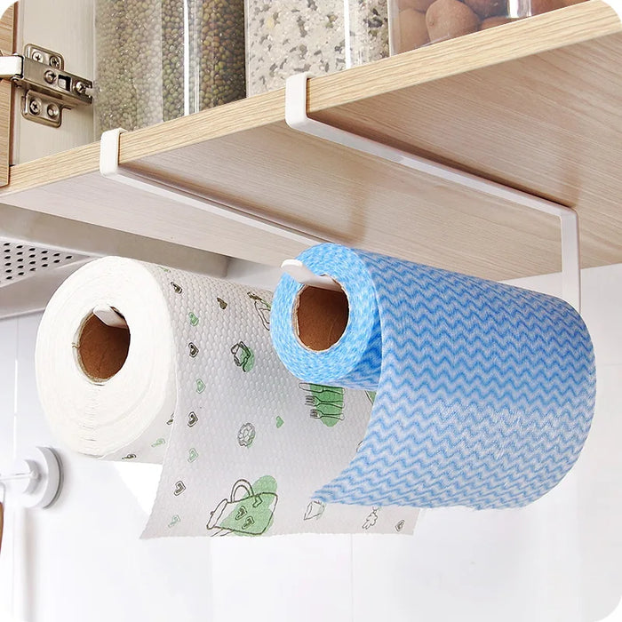 Punch-Free Over-Cupboard Paper Towel & Toilet Roll Holder – Hanging Kitchen Rack (Black/White)