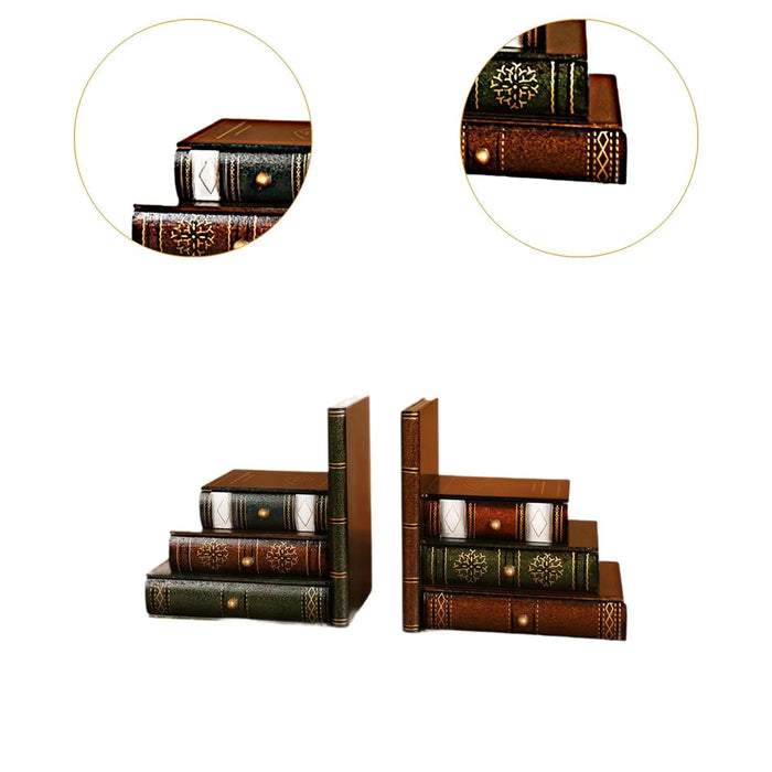 European-Style Faux Book Bookends with Drawers — Wooden Pair
