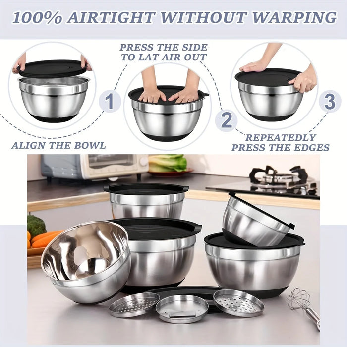 8-Piece Stainless Steel Mixing Bowls with Airtight Lids — Black, Non-Slip Bases