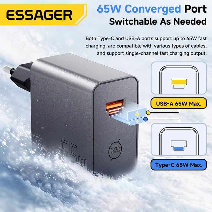 65W GaN Dual-Port Fast Charger PD3.0 PPS QC4.0 – Hybrid USB-C/USB-A