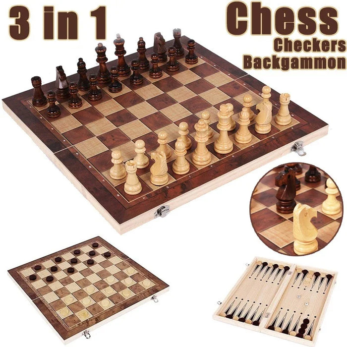 3-in-1 Wooden Travel Games Set – Chess, Checkers & Backgammon (Five Sizes)