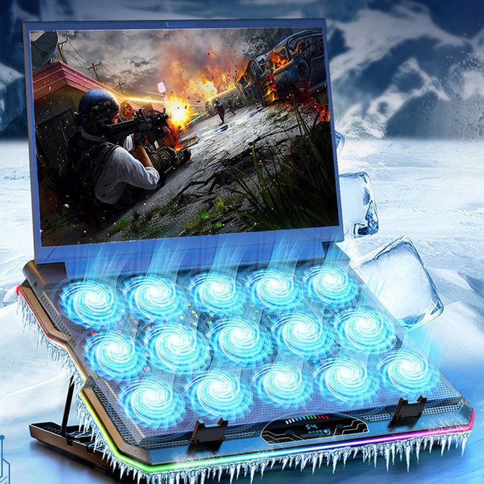 Laptop Cooler F15 with RGB, 15 Fans & USB‑C — Fits 12–17.3-inch