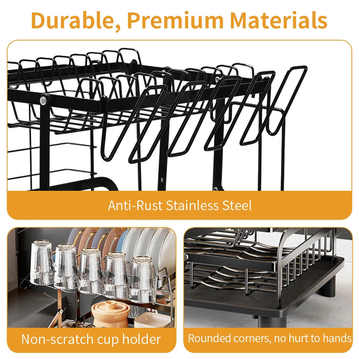2-Tier Dish Drainer Rack with Utensil Holder – Space-Saving Metal Drying Rack