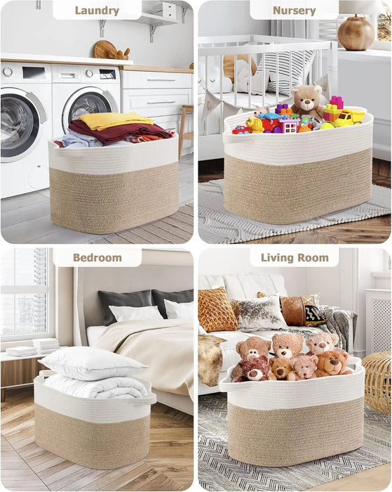 Large Cotton Rope Storage Basket — Foldable Laundry & Blanket Bin (55×38×30 cm)