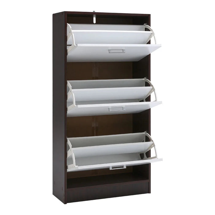 Narrow 3-Tier Flip-Top Shoe Cabinet – Walnut & White Vertical Storage