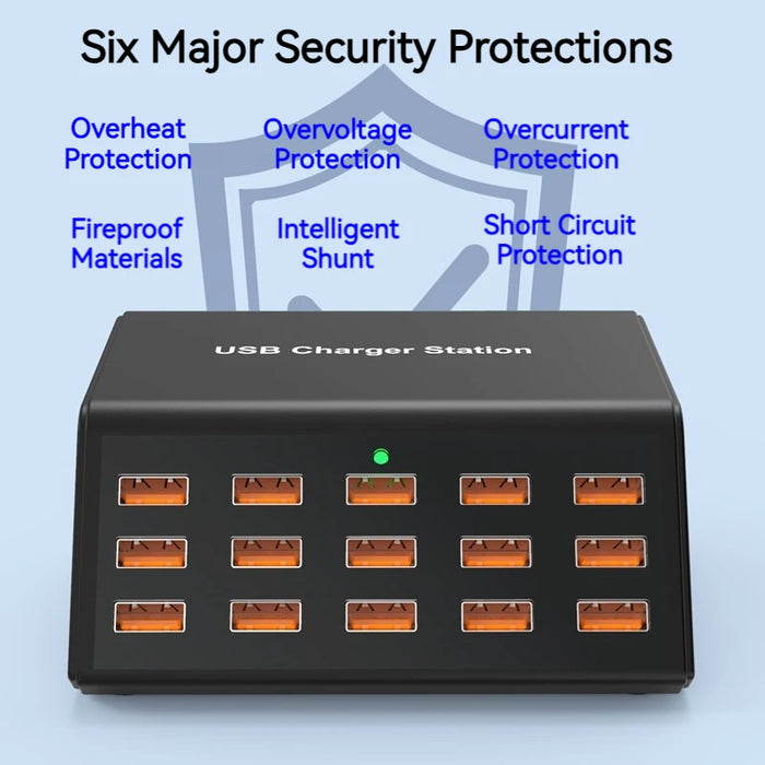 100W 15-Port Desktop USB Charger Station — Fast Charge for iPhone, iPad & Samsung