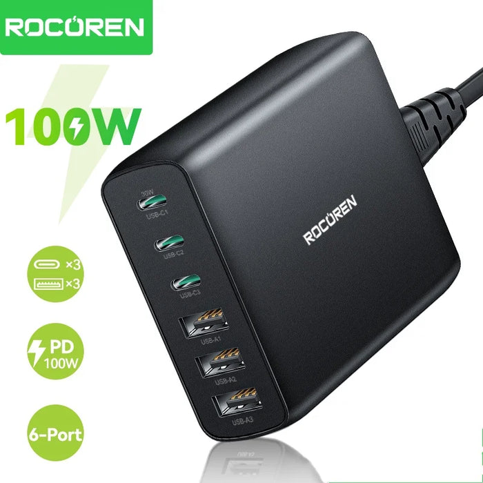 100W GaN USB‑C PD Fast Charger – Quick Charge 4.0/3.0 Desktop Station for iPhone 17 Pro Max