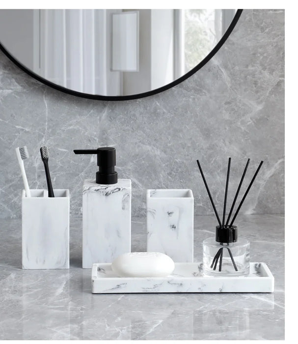 4-Piece Marble-Pattern Resin Bathroom Set — Lotion/Soap Dispenser, Toothbrush Holder, Tumbler & Tray (Black or White)