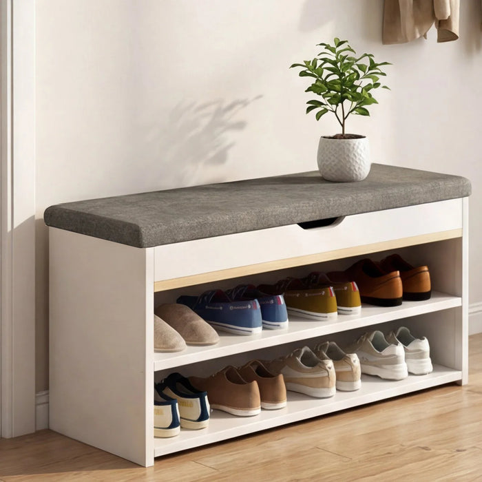 2-Tier Wooden Shoe Bench – Seat & Shoe Rack for Hallway, Entrance (White)