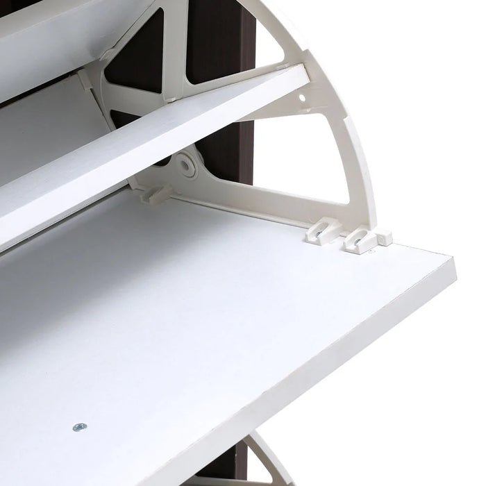 Narrow 3-Tier Flip-Top Shoe Cabinet – Walnut & White Vertical Storage