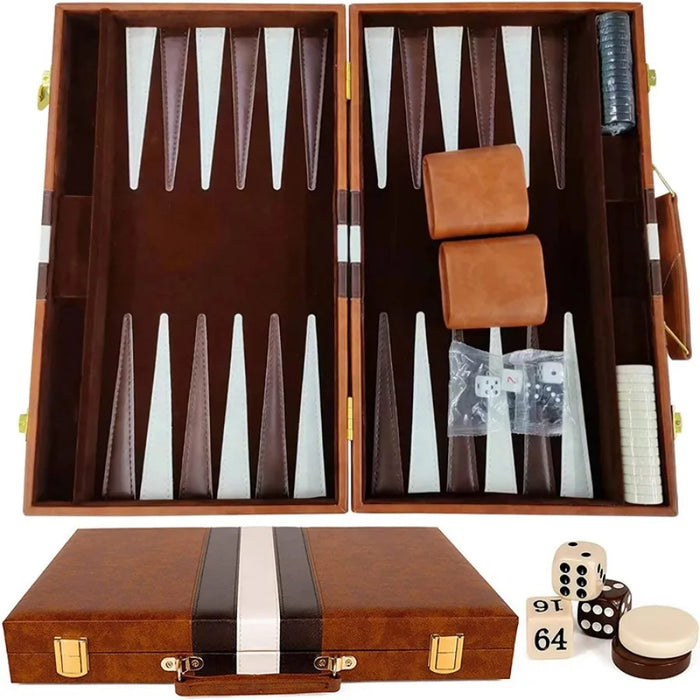 38cm (15") Backgammon Set – Folding Board with Leather Case, Portable Travel Game, Gift for Strategy Lovers