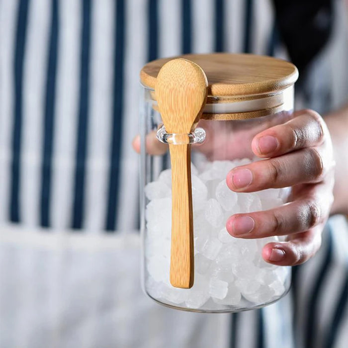 Borosilicate Glass Storage Jar with Bamboo Lid & Spoon, 620ml