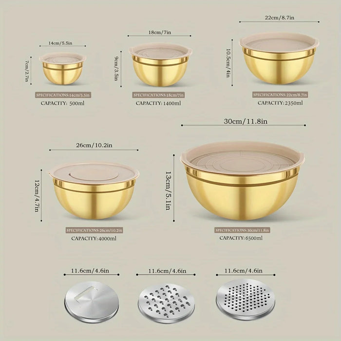 10-piece Gold Stainless Steel Mixing Bowl Set with Lids & Sharpener - Dishwasher-safe