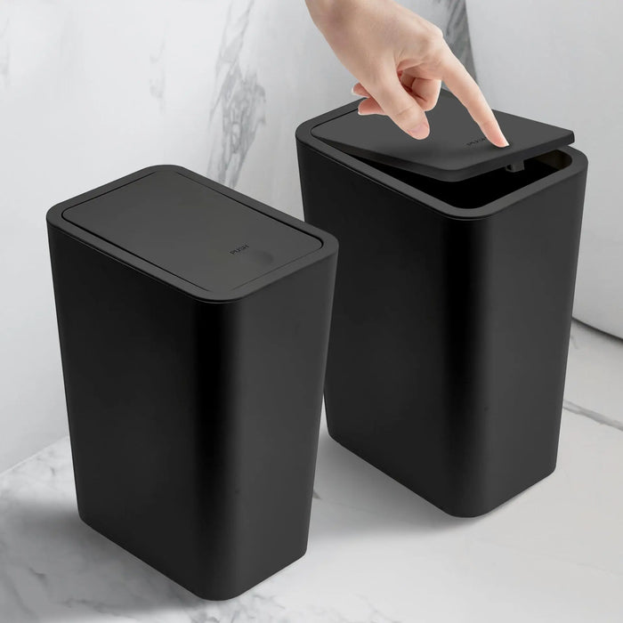 10L Slim Bathroom Bin with Press-Top Lid - Compact Plastic Wastebasket for Toilet, Bedroom & Living Room