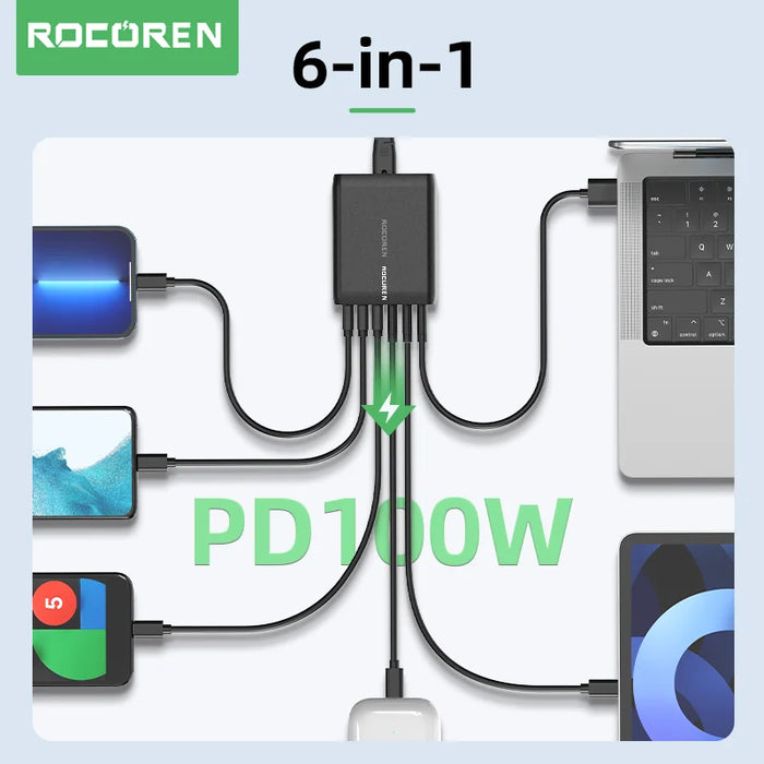 100W GaN 6‑Port Desktop Charger — 3×USB‑C (PD) + 3×USB‑A, 1.5m Cable