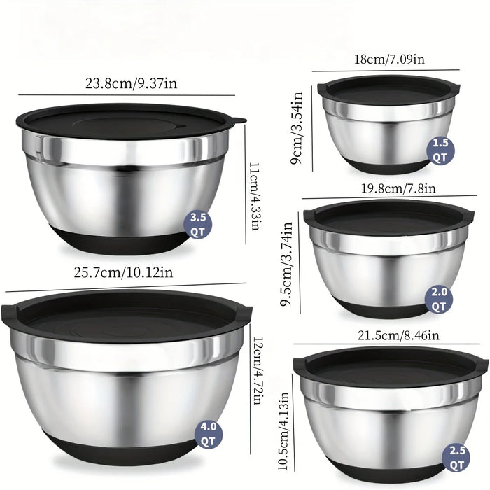 8-Piece Stainless Steel Mixing Bowls with Airtight Lids — Black, Non-Slip Bases