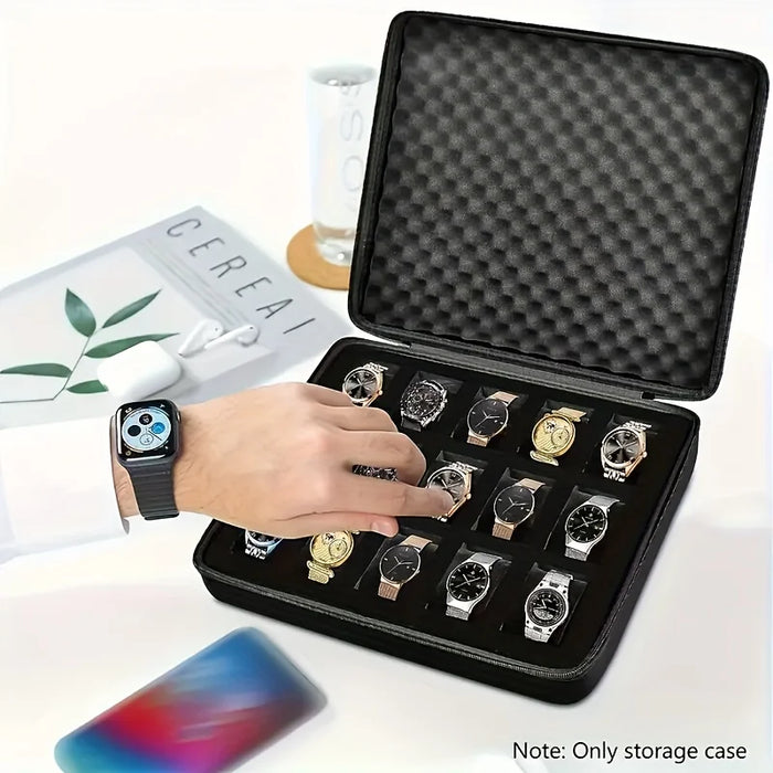 15-Slot Watch Case — Shockproof Foam & Hard-Shell Portable Storage (Black)