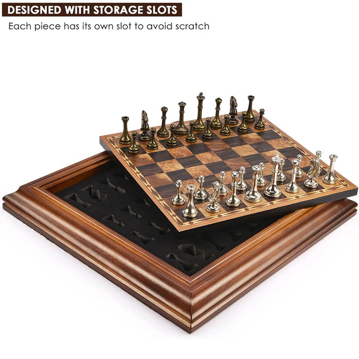 High‑end desktop 36cm (14in) wooden chess set with detachable metal pieces — king 6.3cm, gift box