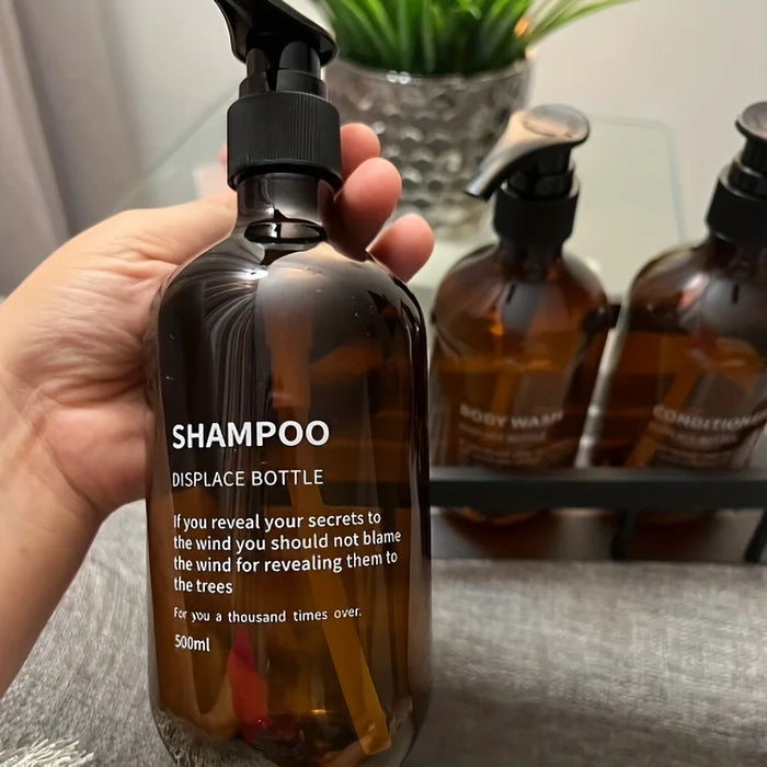 3‑Pack Amber Reusable Shampoo & Body Wash Dispensers with Printed Labels (500ml)