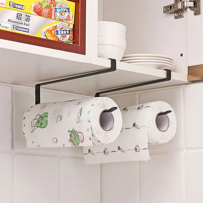 Punch-Free Over-Cupboard Paper Towel & Toilet Roll Holder – Hanging Kitchen Rack (Black/White)