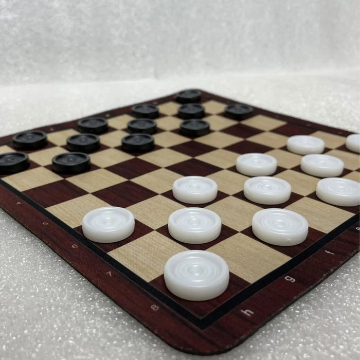 Portable Checkers Set – Wood-Grain Board (24 × 24 cm) with 24 Pieces