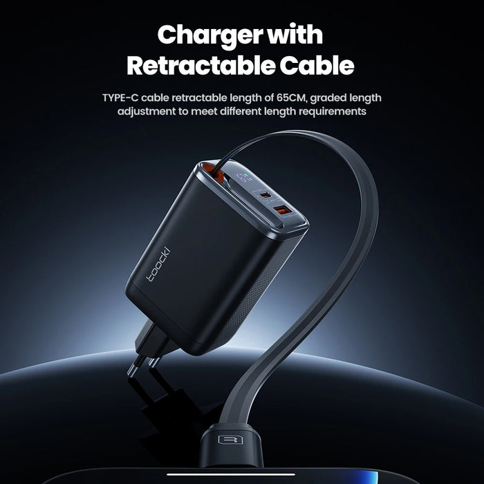 67W GaN Fast Charger with Retractable USB‑C Cable, PD3.0 & PPS, Digital Display (EU Plug) — for iPhone 17/16 & Samsung S25/S24