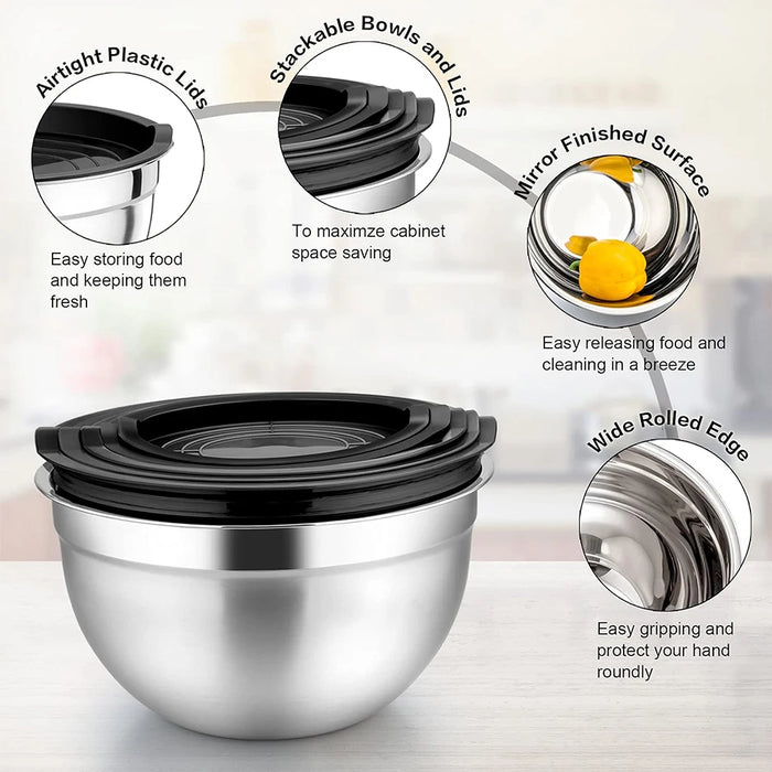 6-Piece Stainless Steel Nesting Mixing Bowls with Black Lids and Non-Slip Bases