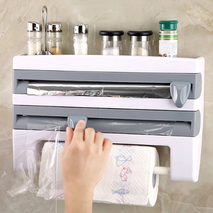Wall-Mounted Wrap Dispenser with Cutter — Grey ABS, 39 x 24 x 10 cm