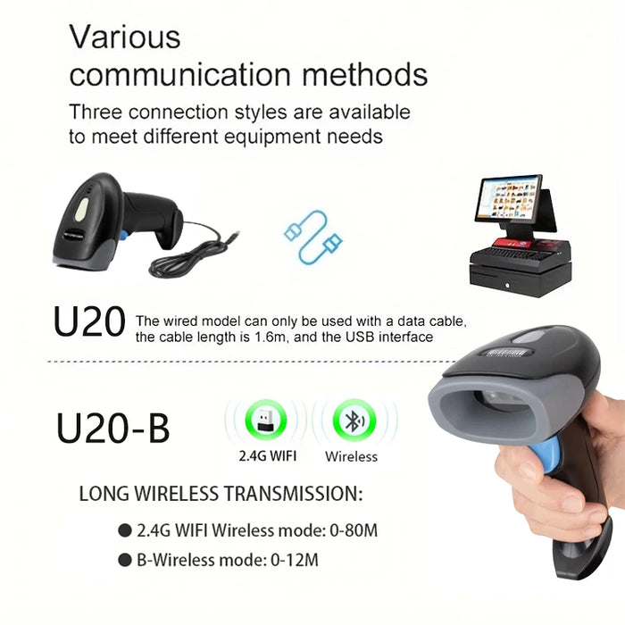 U20 Bluetooth/Wired 1D & 2D Handheld Barcode Scanner – Portable CMOS QR Reader