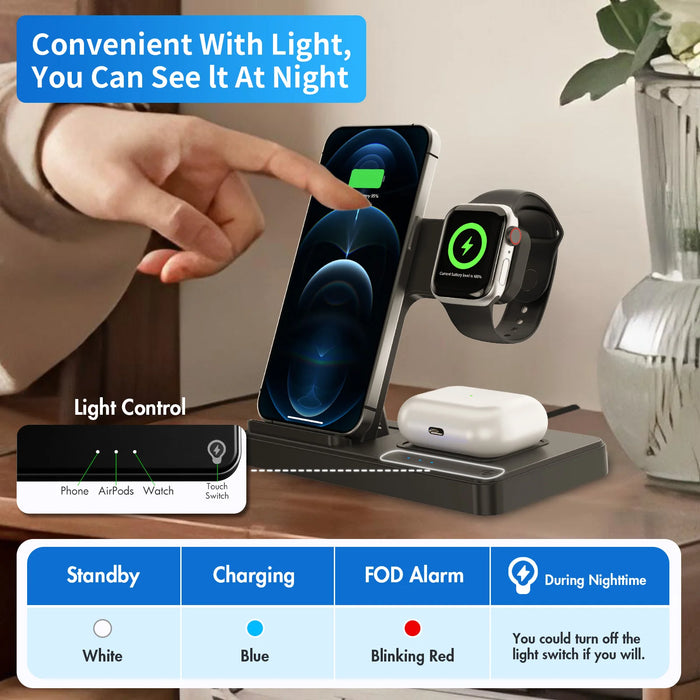 3-in-1 Magnetic Foldable Wireless Charger — 18W Fast Charge for iPhone, iWatch & AirPods
