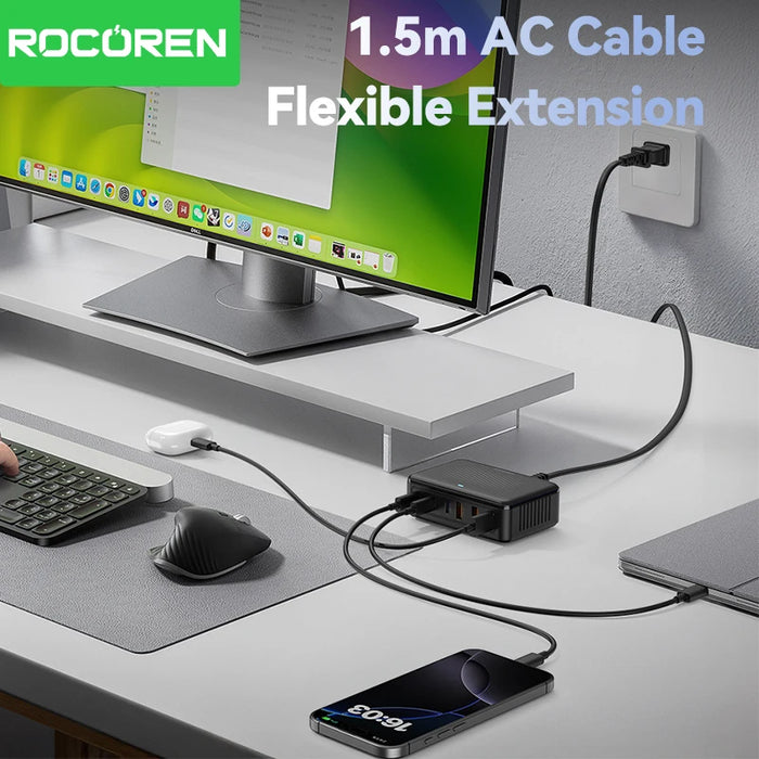 Rocoren 100W GaN 6‑Port Desktop USB Charger – 3x USB‑C & 3x USB‑A