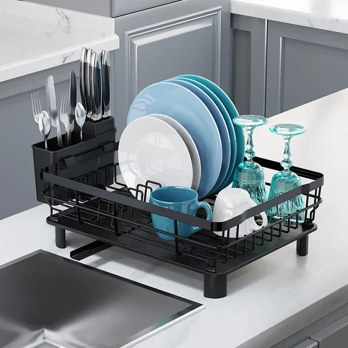 Countertop Dish Drainer with Drainboard & Utensil Organiser — Wrought Iron, Single-Layer (White/Black)