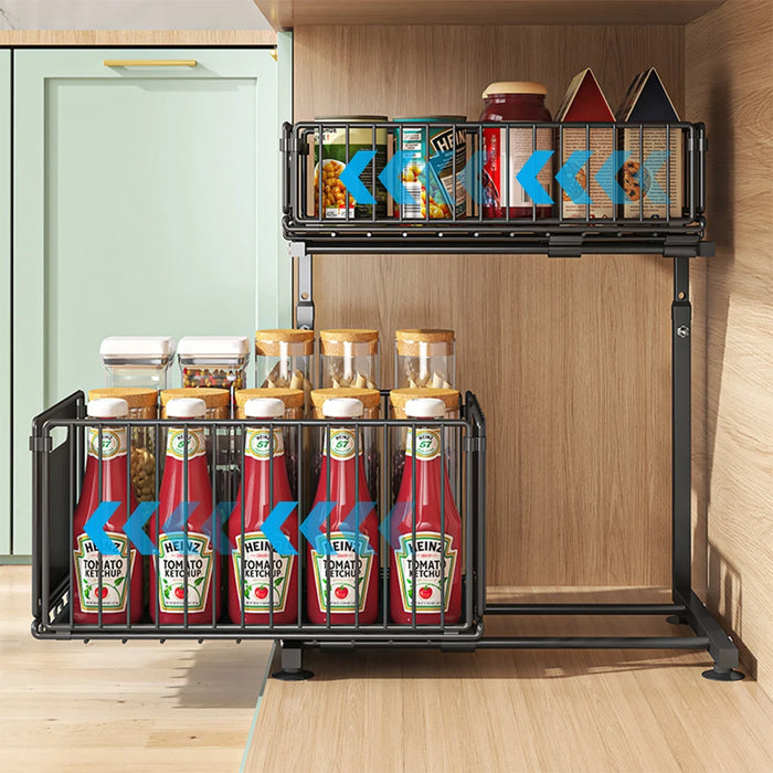 2-Tier Under-Sink Pull-Out Organiser — Adjustable Height Thickened Metal Sliding Drawers (Black or White)