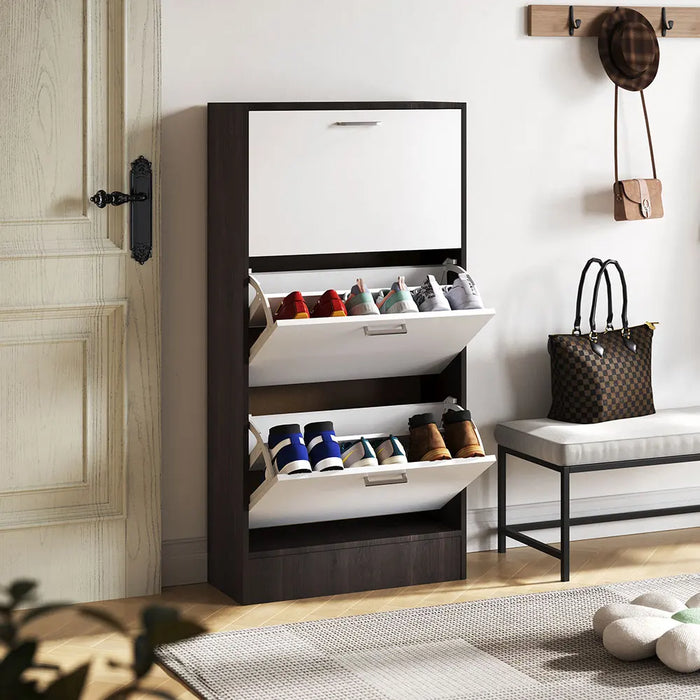 Narrow 3-Tier Flip-Top Shoe Cabinet – Walnut & White Vertical Storage