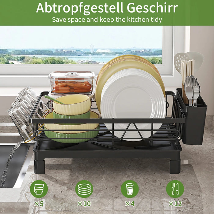Compact Dish Drying Rack with Cutlery & Cup Holders, Drip Tray — 1-Tier (Black)