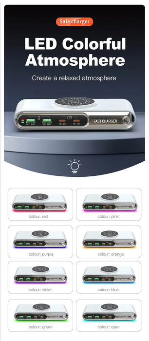 5-in-1 USB-C Charger Station 72W — 4-Port + Magnetic Wireless (PD45W) with LED colour nightlight F9A