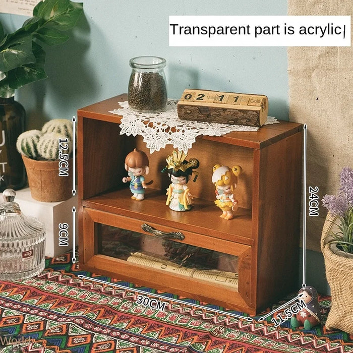 Nordic Solid Wood Retro Double-Door Display Cabinet — Desktop Storage for Cosmetics & Sundries